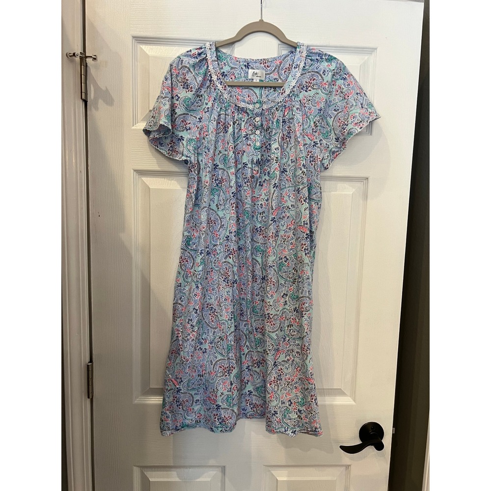 Aria Collection Nightgown 100% Cotton Jersey Paisley Blue Pink Romantic L 12-14